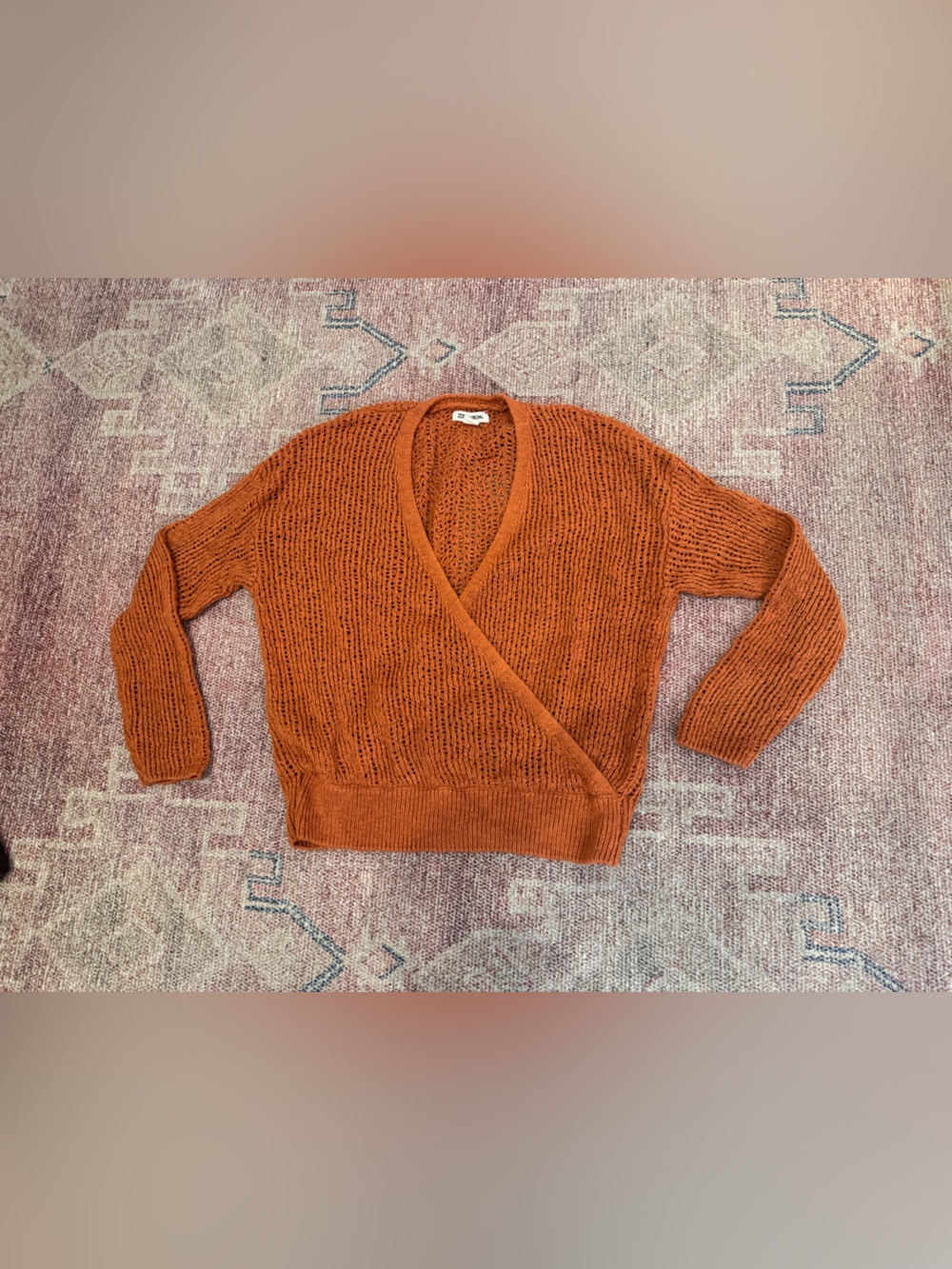 Billabong rust orange faux wrap v neck cotton crochet knit sweater small
